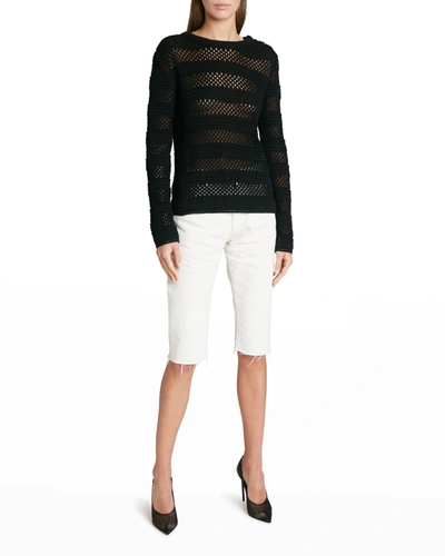 Shop Saint Laurent Striped Open-knit Sweater In Nero