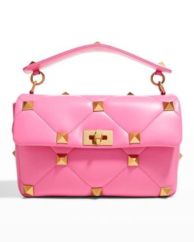 Shop Valentino Roman Stud Large Quilted Leather Shoulder Bag In Feminine Pink