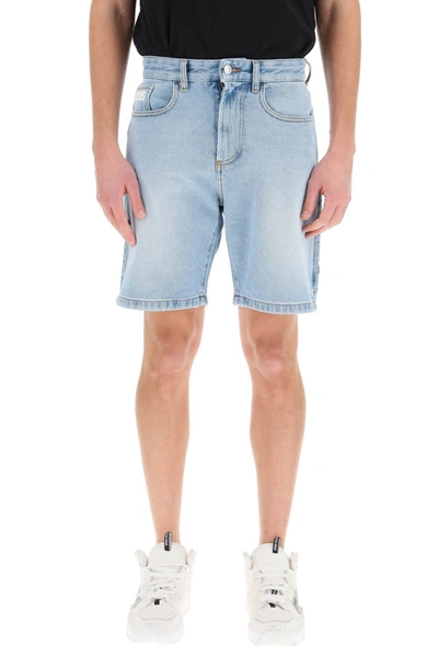 Shop Gcds Denim Shorts With Logo Patch In Blue