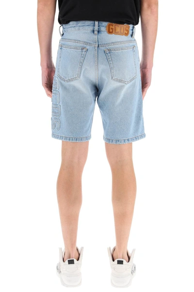 Shop Gcds Denim Shorts With Logo Patch In Blue