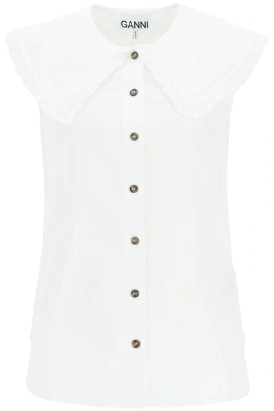 Shop Ganni Ruched Collar Sleeveless Blouse In White