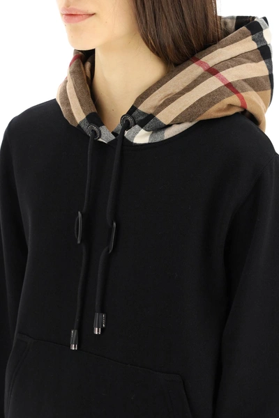 Shop Burberry Sweatshirt With Tartan Hood In Black,beige