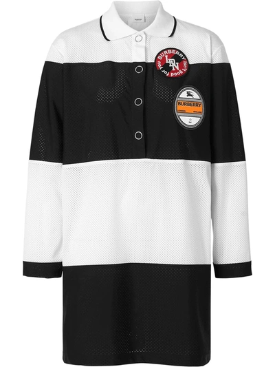 Shop Burberry Logo Graphic Striped Mesh Polo Shirt Dress In Black