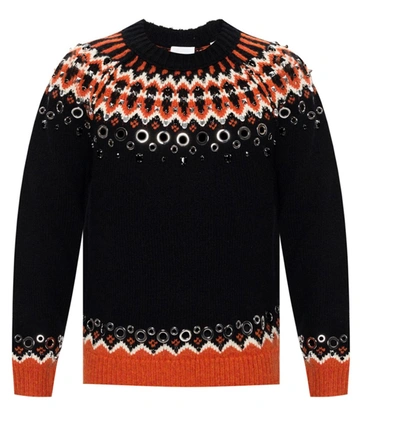 Shop Burberry Embellished Fair Isle Wool Sweater In Black