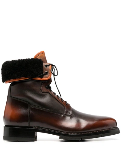Santoni Leather-shearling Ankle Boots In Brown | ModeSens