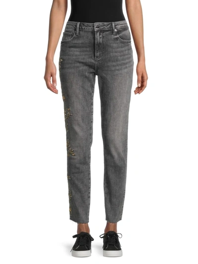 Shop Driftwood Women's Jackie Floral Embroidered Jeans In Grey