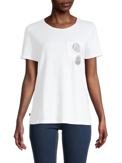 Shop Karl Lagerfeld Stud Sunglass Pocket T-shirt In White Silver