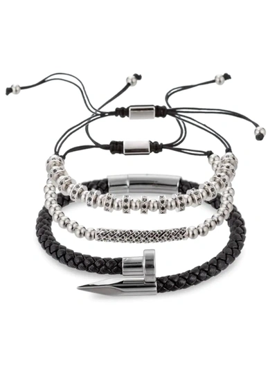 Shop Eye Candy La Men's Solomun 3-piece Stainless Steel & Leather Bracelets In Neutral