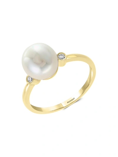 Shop Effy Women's 14k Yellow Gold, 8mm White Pearl And Diamond Solitaire Ring/size 7