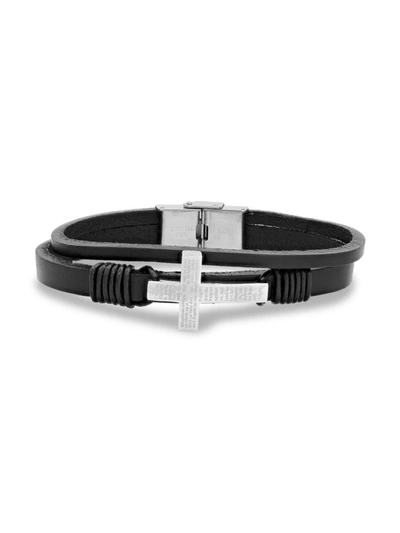 Shop Anthony Jacobs Men's Stainless Steel & Leather Our Father Prayer Cross Bracelet In Neutral