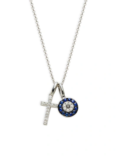 Shop Effy Women's 14k White Gold, Diamond & Sapphire Evil Eye & Cross Necklace