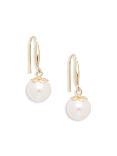 Shop Belpearl Women's 18k Yellow Gold & 9mm White Cultured Pearl Drop Earrings