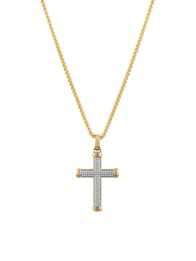Shop Esquire Men's Jewelry Men's Goldtone Ion-plated Stainless Steel & White Diamond Textured Cross Pendant Necklace