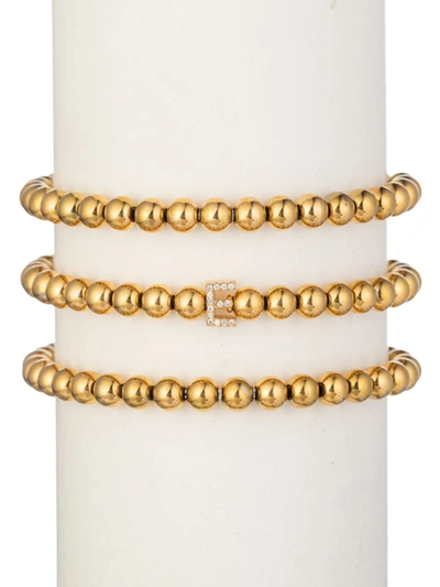 Shop Eye Candy La Women's Luxe Collection 3-piece Initial Goldtone Beaded & Cubic Zirconia Bracelet Set In Letter E