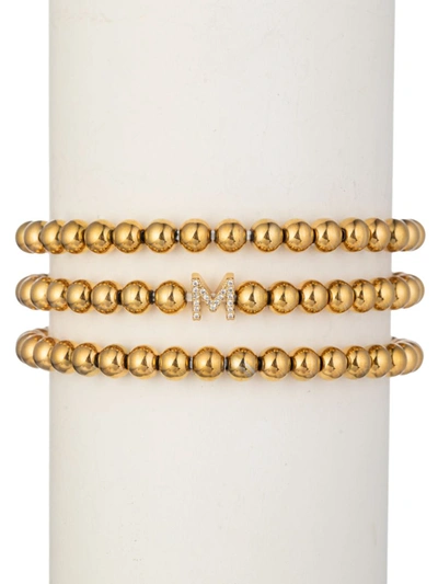 Shop Eye Candy La Women's Luxe Collection 3-piece Initial Goldtone Beaded & Cubic Zirconia Bracelet Set In Letter M