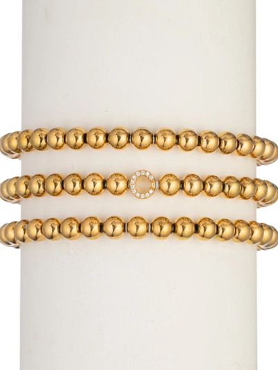 Shop Eye Candy La Women's Luxe Collection 3-piece Initial Goldtone Beaded & Cubic Zirconia Bracelet Set In Letter C