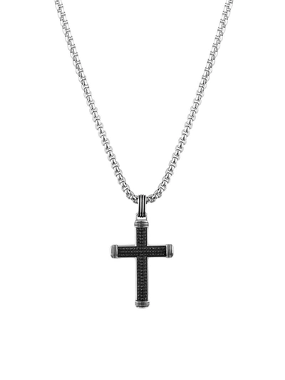 Shop Esquire Men's Jewelry Men's Stainless Steel & Black Sapphire Textured Cross Pendant Necklace