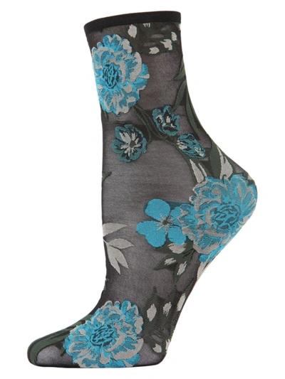Shop Memoi Women's Botanic Bunches Sheer Anklet Socks In Blue