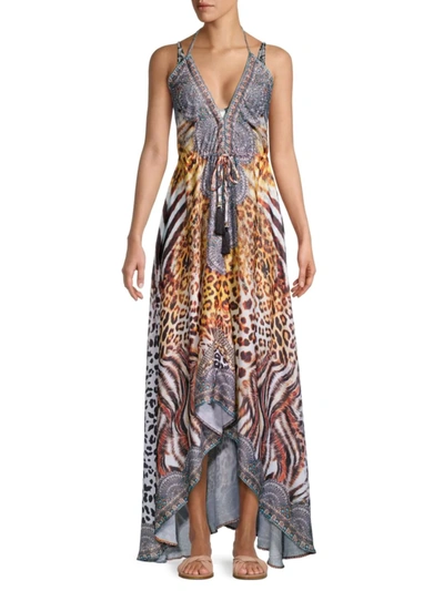 Ranee's Ranees Plunge Neck Halter Maxi Dress In Brown