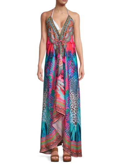 Shop Ranee's Women's Mix-print Tassel-tie Maxi Cover-up Dress In Neutral