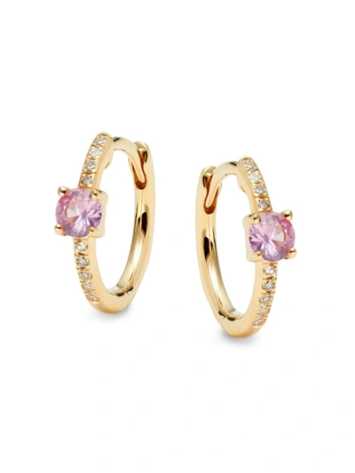 Shop Saks Fifth Avenue Women's 14k Yellow Gold, Diamond & Pink Sapphire Huggie Earrings