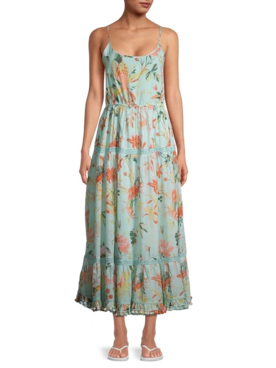 Shop Ranee's Women's Floral Tiered Cover-up Dress In Aqua