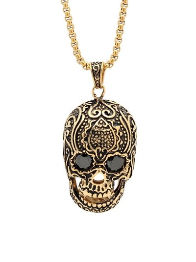 Shop Anthony Jacobs Men's 18k Goldplated Stainless Steel & Black Simulated Diamond Skull Pendant Necklace