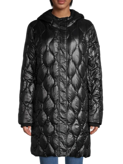 Shop Donna Karan Women's Quilted Hooded Coat In Black