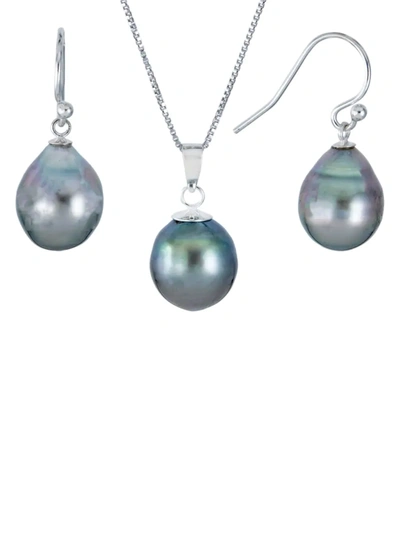 Shop Belpearl Women's 2-piece Sterling Silver & 11mm Cultured Tahitian Pearl Necklace & Earrings Set
