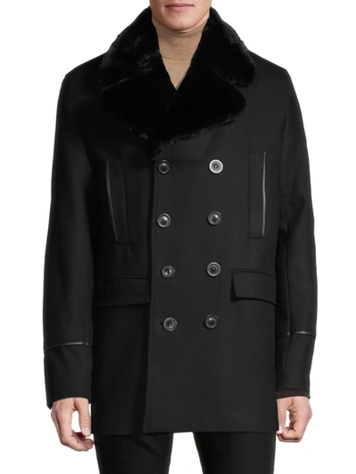 Shop Karl Lagerfeld Men's Faux Fur-collar & Wool-blend Peacoat In Black Black