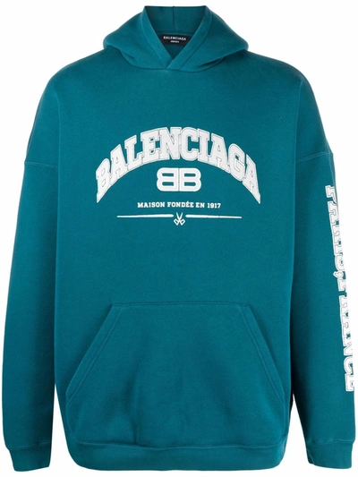 Shop Balenciaga Maison Cotton Hoodie In Blau