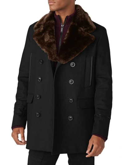 Shop Karl Lagerfeld Men's Faux Fur-collar & Wool-blend Peacoat In Black Brown