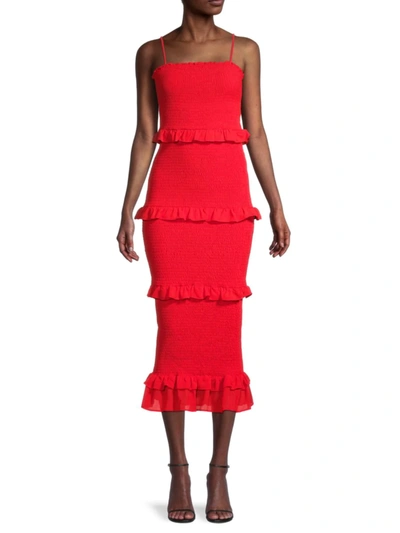 Shop Bebe Women's Smocked Ruffle-tiered Bodycon Dress In Red