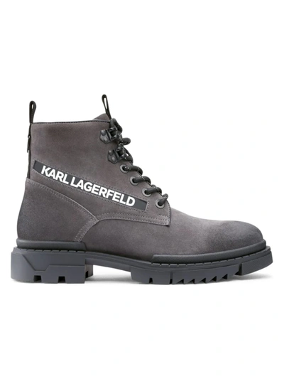 Karl Lagerfeld Logo Print Suede Leather Lace-up Boot In Grey | ModeSens