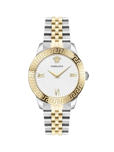 Shop Versace Women's Greca Signature Lady Two-tone Stainless Steel Logo Bracelet Watch In White