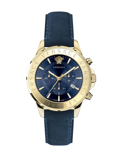 Shop Versace Men's Chrono Signature Goldtone Stainless Steel Leather Strap Watch In Blue