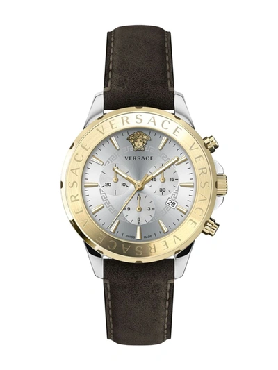Shop Versace Men's Chrono Signature Two-tone Stainless Steel Leather-strap Watch In Brown