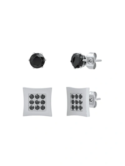 Shop Anthony Jacobs Men's Set Of 2 Stainless Steel & Black Simulated Diamonds Earrings