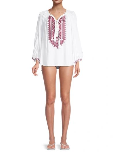 Shop Melissa Odabash Women's Simona Embroidered Coverup Top In White Red