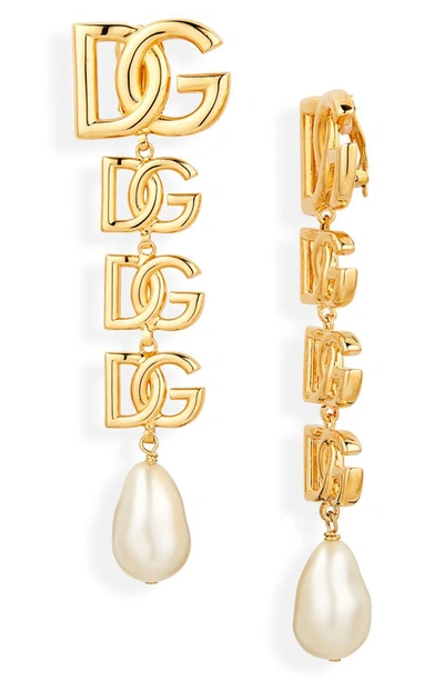 Shop Dolce & Gabbana Dolce&gabbana Logo Imitation Pearl Clip-on Drop Earrings In Oro