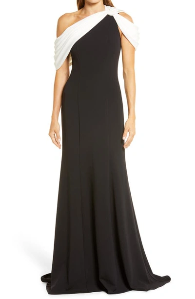 Shop Tadashi Shoji One-shoulder Column Gown In Black/ White