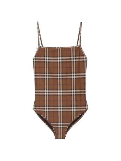 Shop Burberry Women's Delia Check One-piece Swimsuit In Dark Birch Brown Check