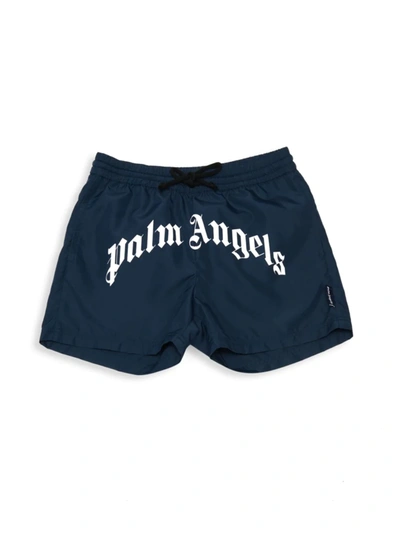 Shop Palm Angels Little Boy's & Boy's Beachwear Logo Shorts In Navy Blue White