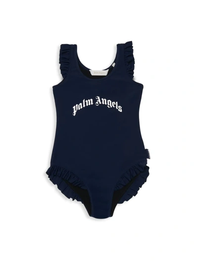 Shop Palm Angels Little Girl's & Girl's Logo One-piece Swimsuit In Navy Blue White