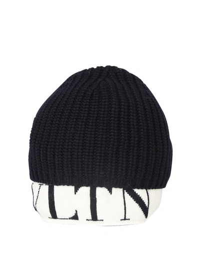 Shop Valentino Branded Beanie Hat In Navy/bianco