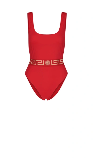 Shop Versace Greek One-piece Swimsuit In Red