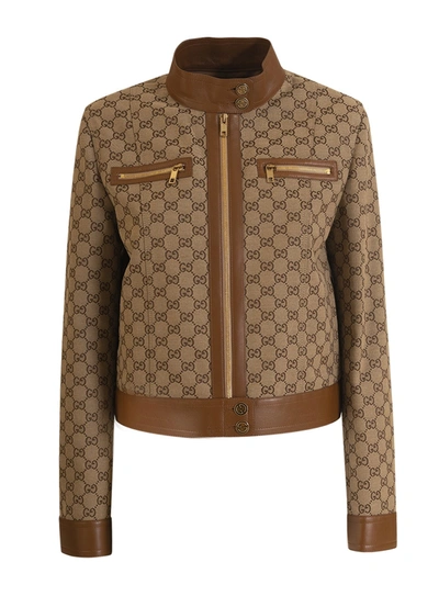 Shop Gucci Gg-canvas Leather-trim Jacket In Beige