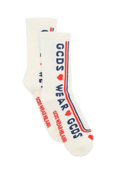 Shop Gcds Cute Tape Logo Socks In White,blue,red