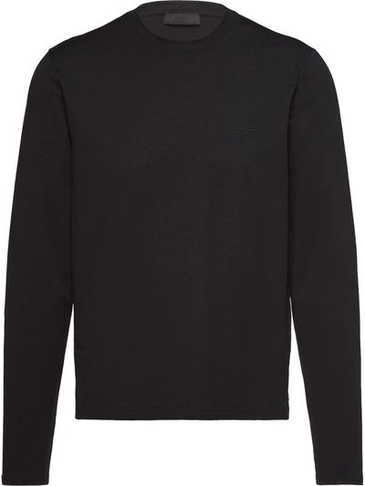 Shop Prada Embroidered Logo Long-sleeve T-shirt In Black