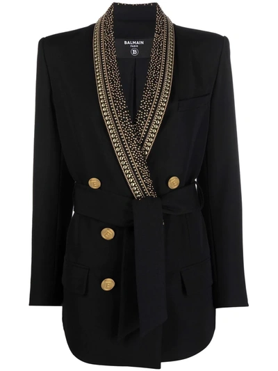 Shop Balmain Embellished-collar Belted Blazer In Black